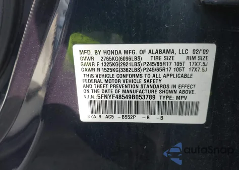 2009 Honda Pilot Exl из США, поврежденный, VIN 5FNYF48549B053789